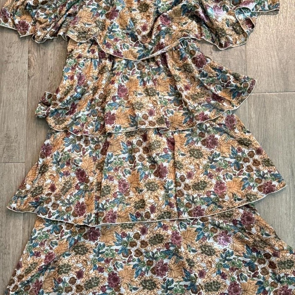 Vintage 2000s boho fairy multi colored floral print ruffle tiered dress size med